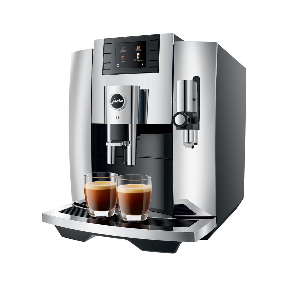 JURA E8 Chrom Kaffeevollautomat mit Farbdisplay und verchromter Tassenplattform