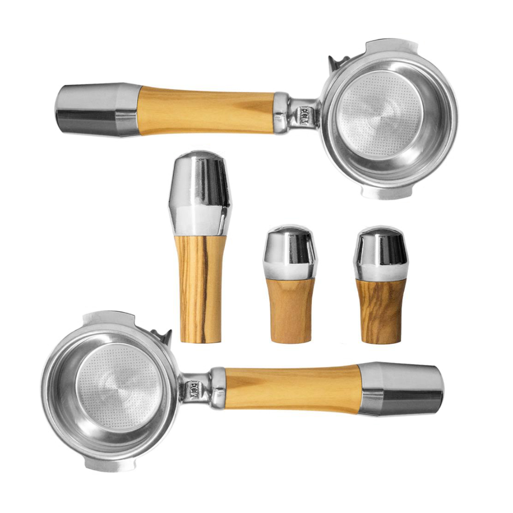 ECM Griffset aus Olivenholz mit Filterträgern und Griffen für Kippventil Espressomaschinen