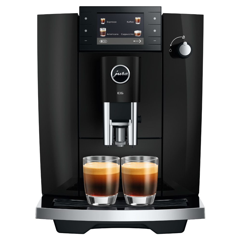 Jura E6 Piano Black Kaffeevollautomat mit Farbdisplay und eleganter Tassenplattform