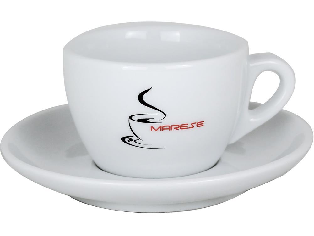 Marese Cappuccinotasse Verona Large in Weiß mit Marese-Emblem und passender Untertasse