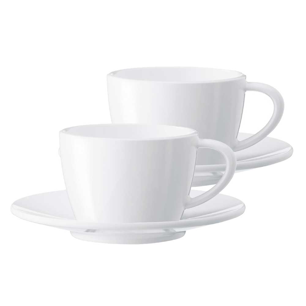 JURA Cappuccinotassen 2er-Set aus weißem Porzellan mit Untertassen und JURA-Logo