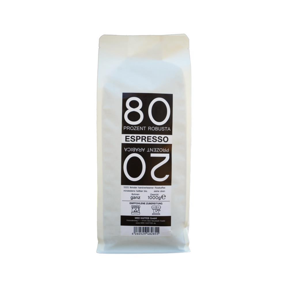 Mee Kaffee 8020 Espresso 1000g Kaffeebohnen Packung mit Robusta Arabica Mischung
