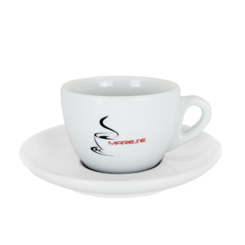 Marese Kaffeetasse mit Untertasse Palermo in klassischem Weiß mit Marken-Emblem