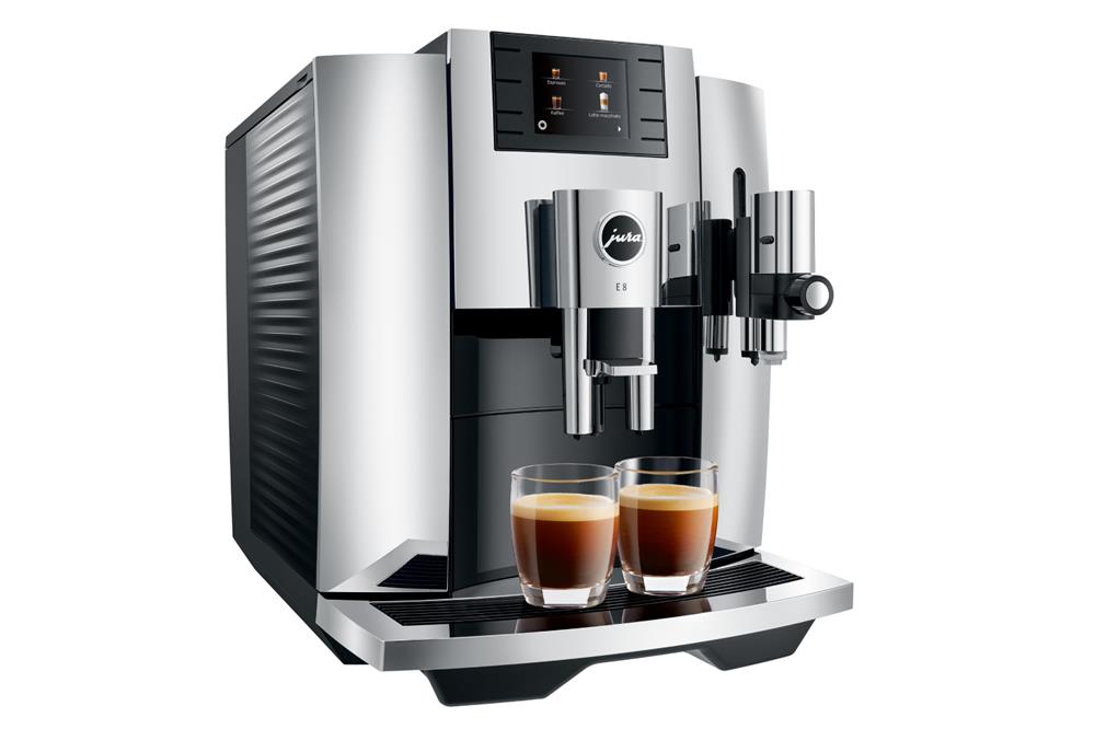 JURA E8 Chrom Kaffeevollautomat mit Farbdisplay und verchromter Tassenplattform