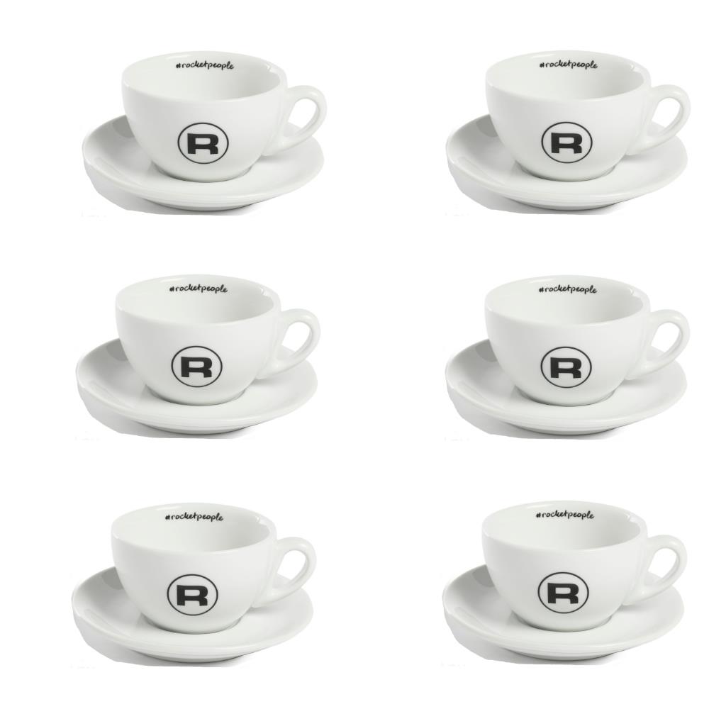 Rocket Espresso Cappuccino Tassen 6er-Set aus weißem Porzellan mit Logo