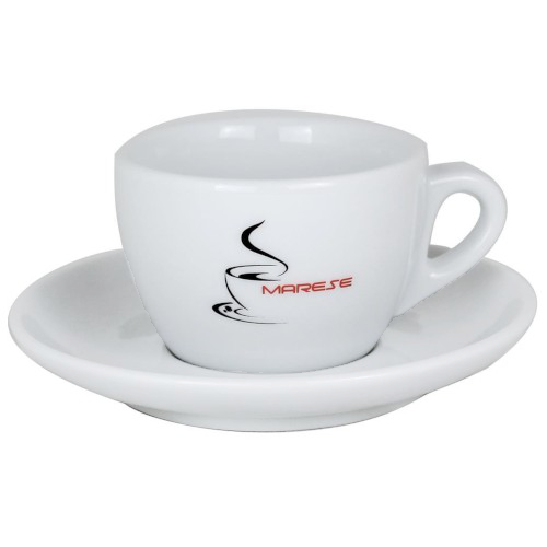 Marese Cappuccinotasse Verona Large in Weiß mit Marese-Emblem und passender Untertasse