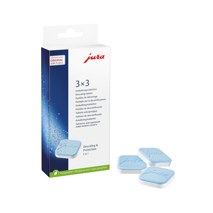 JURA 2-Phasen-Entkalkungstabletten Packung mit 9 Tabletten für Kaffeevollautomaten
