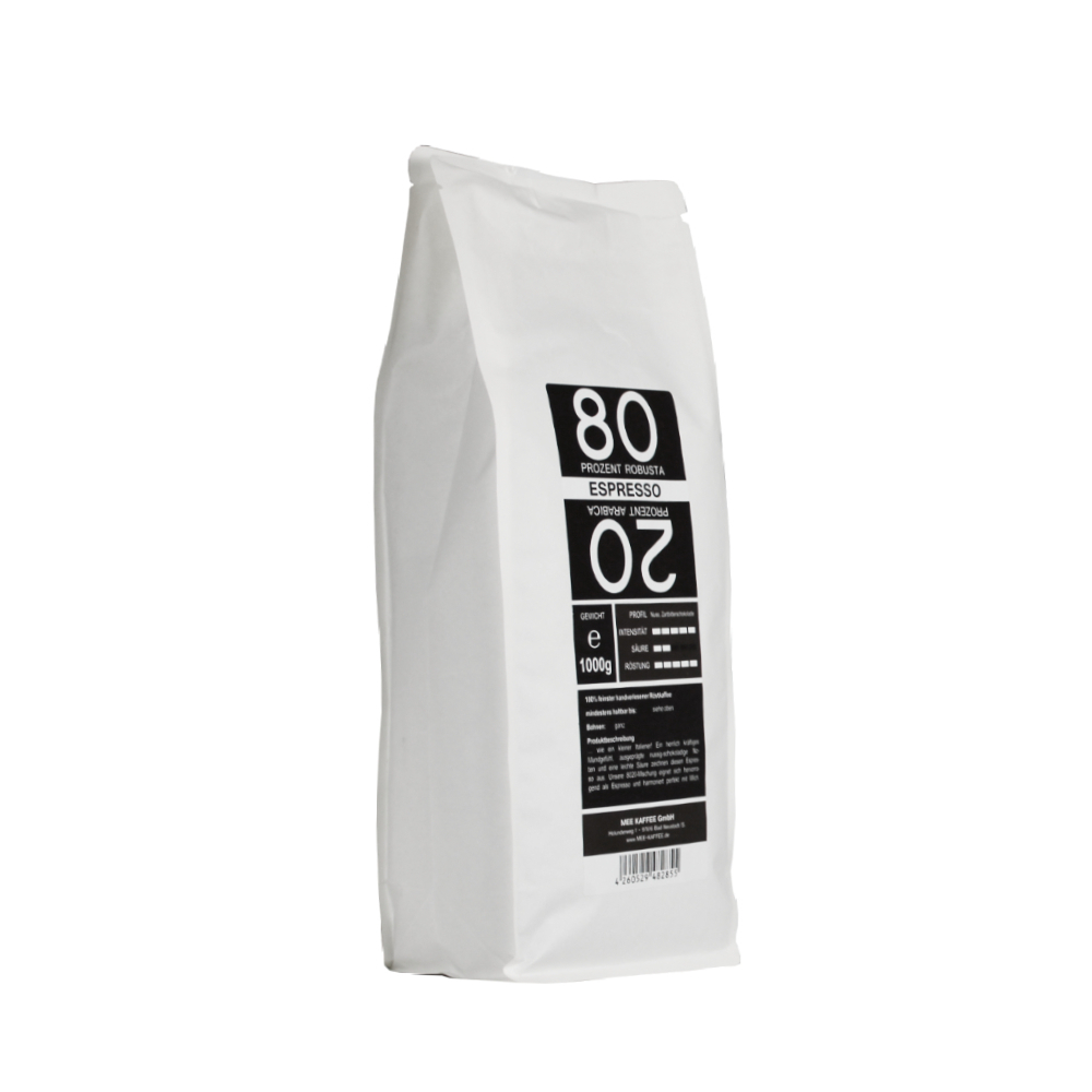 Mee Kaffee 8020 Espresso 1000g Kaffeebohnen Packung mit Robusta Arabica Mischung