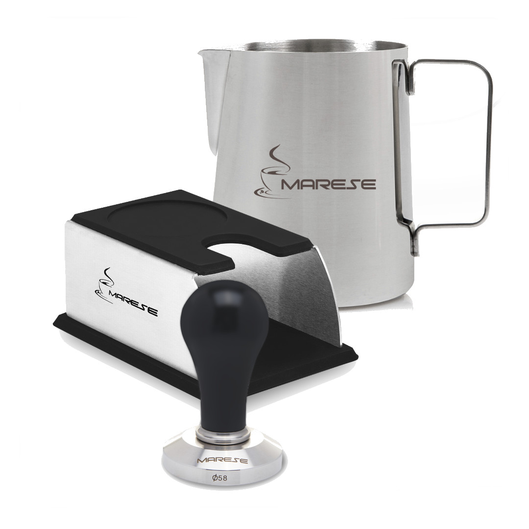Marese Zubehör-Set Classic mit Tamper, Tamperstation und Milchkännchen für Siebträger