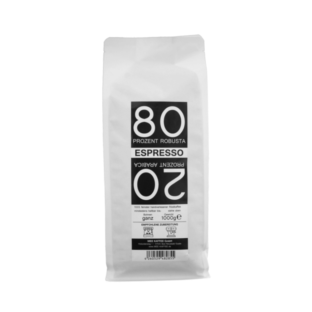 Mee Kaffee 8020 Espresso 1000g Kaffeebohnen Packung mit Robusta Arabica Mischung