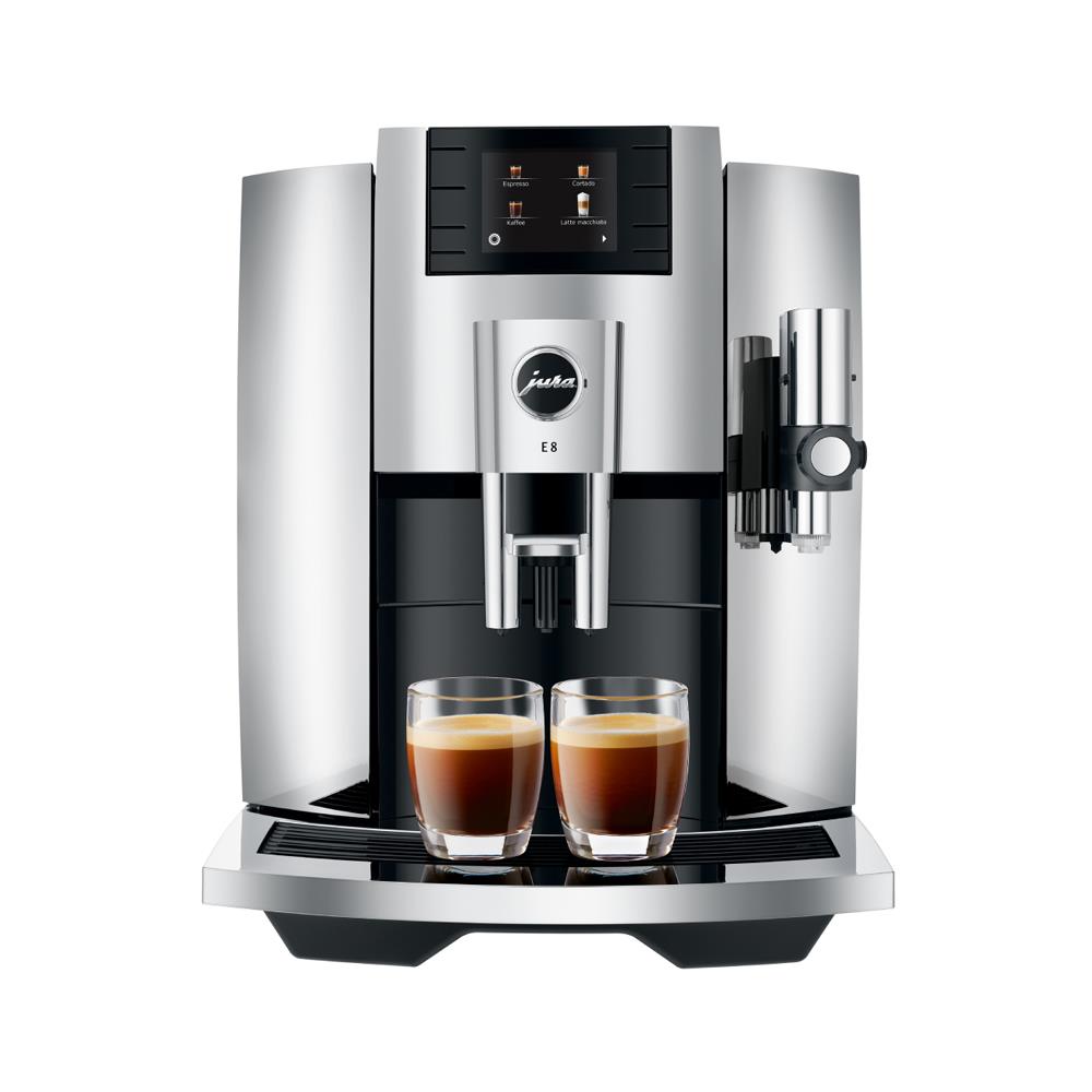 JURA E8 Chrom Kaffeevollautomat mit Farbdisplay und verchromter Tassenplattform