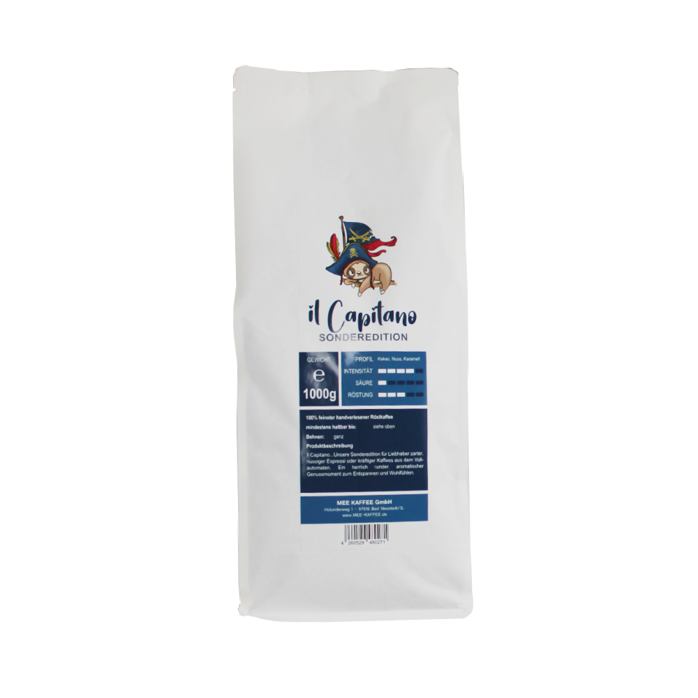 Mee Kaffee il Capitano 1000g Kaffeebohnen Packung Premium Arabica aus Peru
