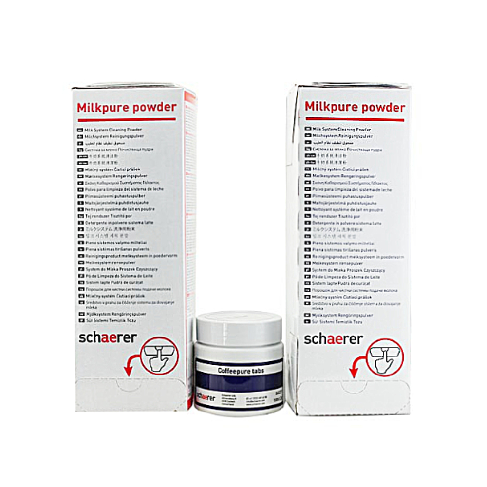 Schaerer Reinigungsset mit Milkpure Pulver und Coffeepure Tabletten für Kaffeevollautomaten